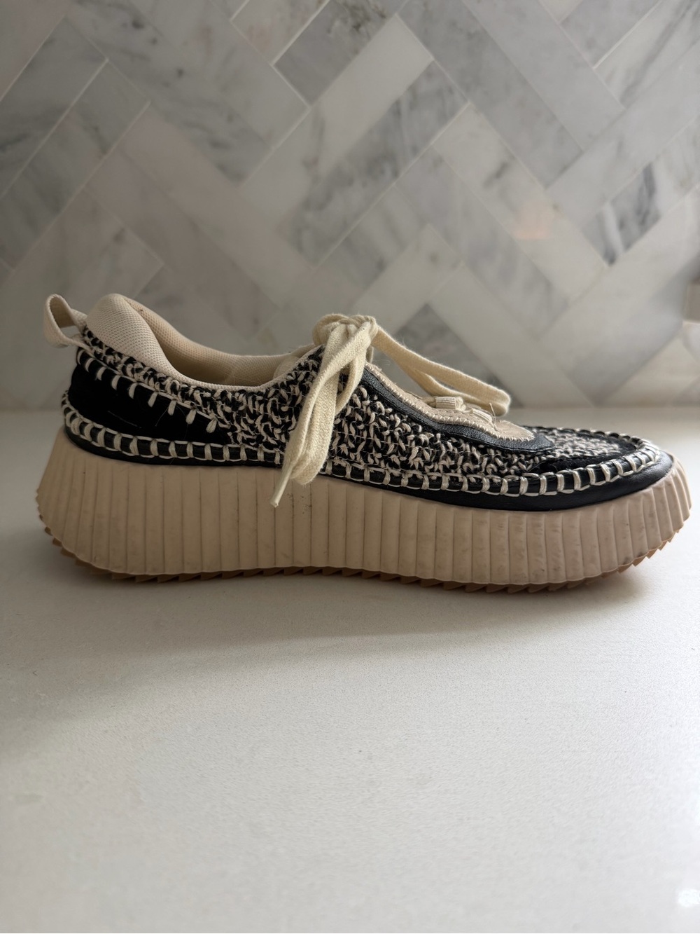 Dolce Vita Woven Platform Lace-Up Sneakers in Black & Cream - Picture 11 of 13